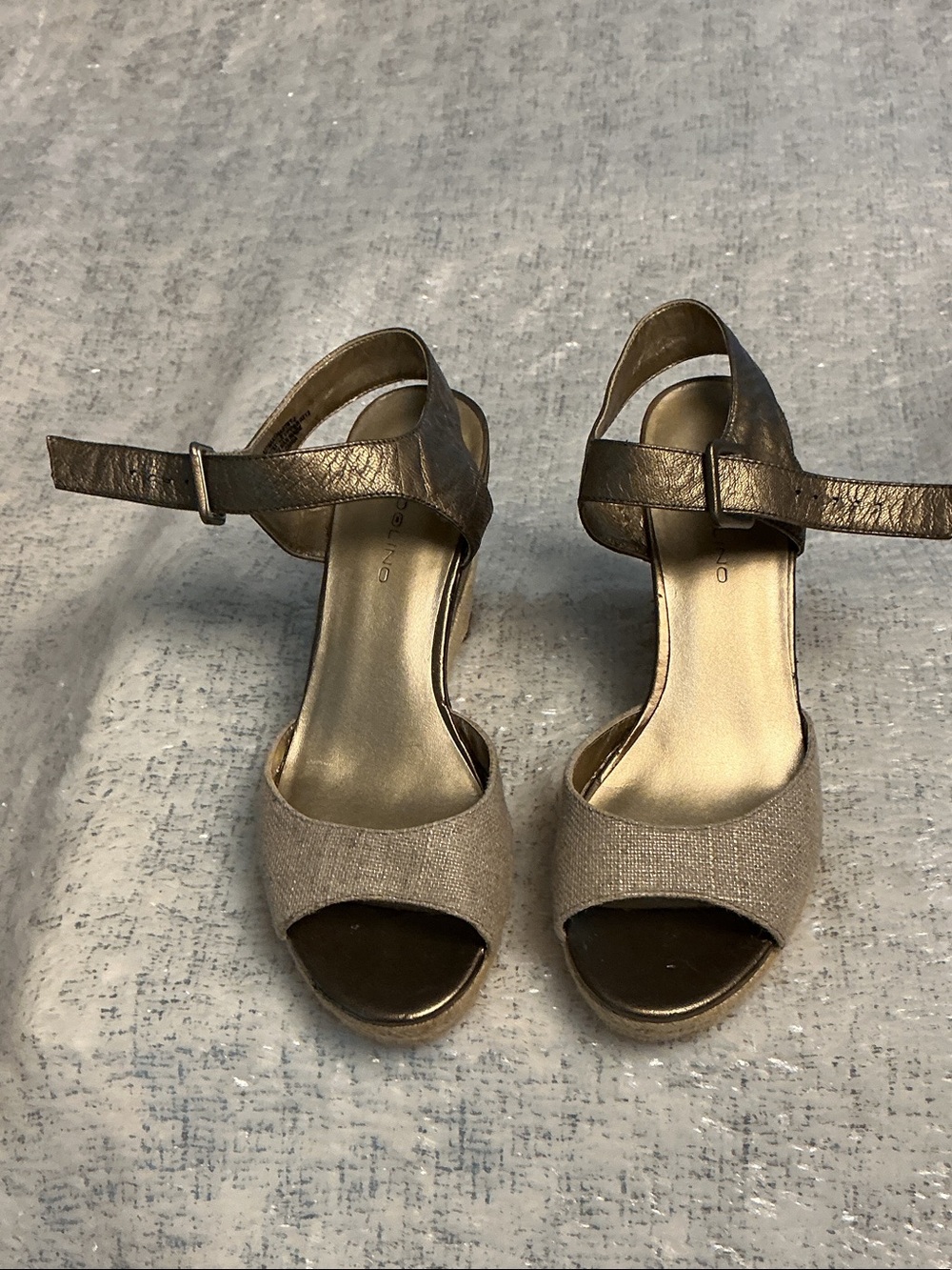 Bandolino Taupe Metallic Wdges Ankle-Strap Heels